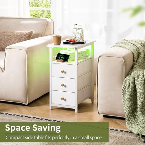 Yoobure End Table with Charging Station, LED Narrow Side Table Bedside Table, Small Night Stand End Tables Living Room, Skinny Nightstand with 3 Fabric Drawers, Side Tables Bedroom for Small Spaces