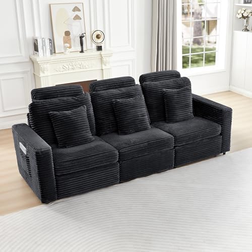 LEVNARY Modular Sofa Armrest Set of 2 with Side Storage Pockets, Faux Rabbit Fur Upholstered Arm Panels, Compatible with Modular Recliner System (Black)