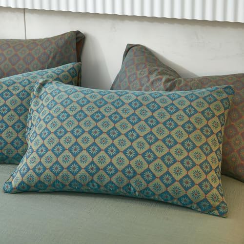 Boho Duvet Cover King Geometric Pattern,3Pcs Yarn-Dyed Muslin Cotton Duvet Cover Set Blue Green Flower Bedding Set for Girls Women Without Comforter
