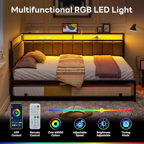 LIKIMIO Twin Daybed with Trundle, Charging Station & LED, Black