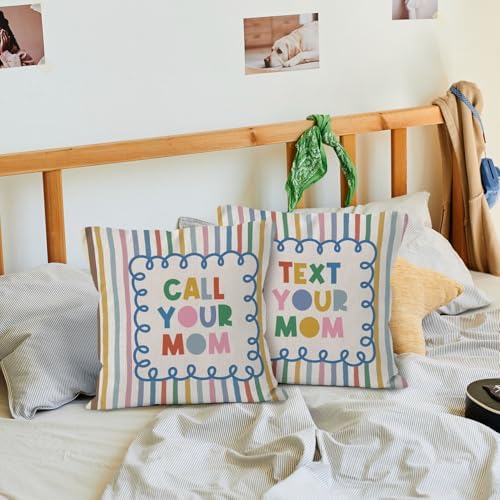 Funny Call Your Mom Throw Pillow Cover 18x18 Set of 2, College Student Gifts Decorative Pillow Covers for College Dorm Room Bedroom Couch Sofa, Colorful Striped Accent Pillows Cover Pillowcases