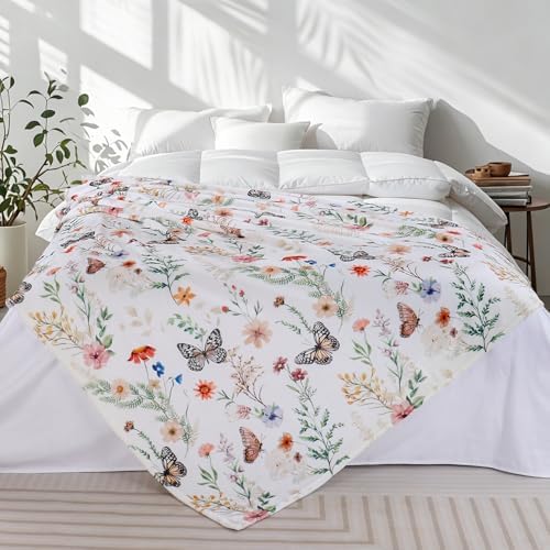 Floral Blanket Butterfly Wildflower Throw Blankets Colorful Flowers Botanical Plant Leaf Blanket Soft Cozy Flannel Fleece Bed Blankets for Couch Sofa Bed Lounging