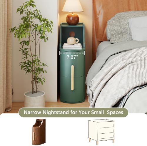 7.87" Narrow Nightstand with 2 Drawers, Green Bedside Table for Small Space, Skinny End Table with 1 Semi-Open Shelf for Living Room, Bedroom