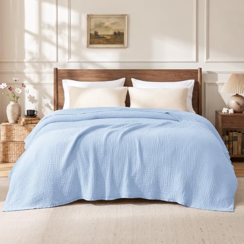 Love's cabin 100% Cotton Muslin Blanket Queen Size for Bed, Sky Blue