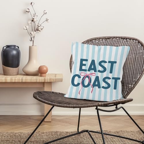 Blue East Coast Beach Throw Pillow Cover 18x18, Pink Bow Preppy Beach Decorative Pillow Covers for Girls Room Dorm Apartment, Coastal Beachy Striped Accent Pillows Cover Pillowcases