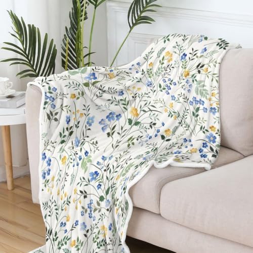 Spring Floral Throw - Blue & Yellow Watercolor Floral Blanket for Couch Sofa Camping, Farmhouse Cottagecore Flowers Bedding Decor, Soft Warm Flannel Throw for Women Girls, 60X80