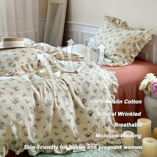 Chic Floral Duvet Cover Set Muslin Cotton Full(80"x90"),Bloom