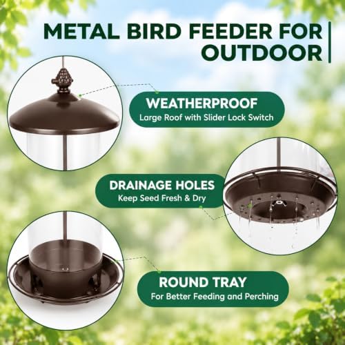 Gbekery Metal Bird Feeders for Outdoors Hanging, 360° Feeding Tray, Brown