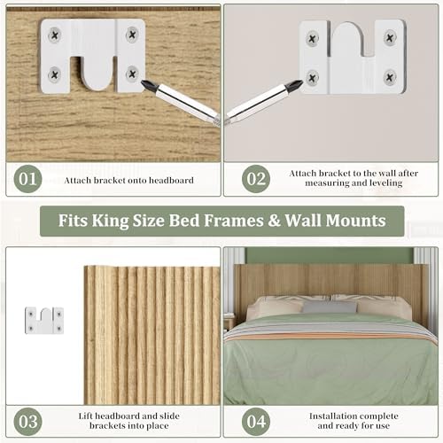 King Size Headboard Only, Modern Fluted Wall-Mounted Head Board with Lighting, Boho Wood Bed headboard Stylish Bedroom Decor, Natural