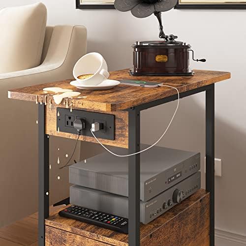 LIDYUK End Table with Charging Station, Narrow Side Table with Drawer