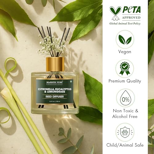 Majestic Pure Citronella, Eucalyptus & Lemongrass Reed Diffuser for Home, Bathroom & Office | Natural Aromatherapy Air Freshener with Reed Sticks & Dried Flower 3.4 fl oz