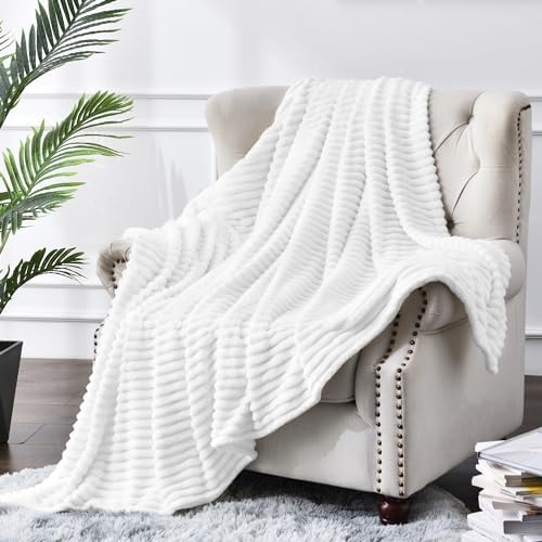 BEDELITE Ribbed Jacquard White Fleece Throw Blanket for Couch, 50x60 Inch