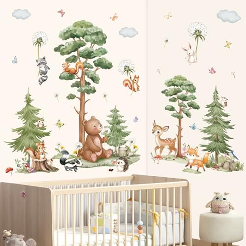 wondever Woodland Animal Tree Wall Decals Forest Bear Deer Wall Stickers