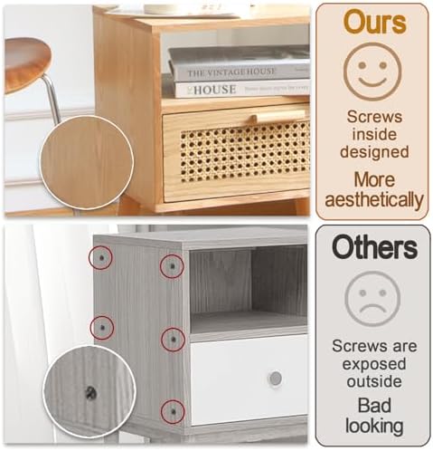 MaxSmeo Modern Nightstand Rattan Side End Table with Storage, for Living Room, Bedroom and Small Spaces, Accent Bedside Farmhouse Tables with Solid Wood Legs, Easy Assembly (Natural Walnut)