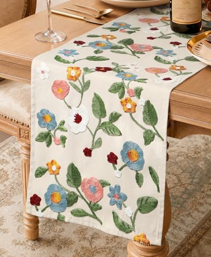 Miss Adola Embroidered Canvas Table Runner 13"x72", Botanical Style
