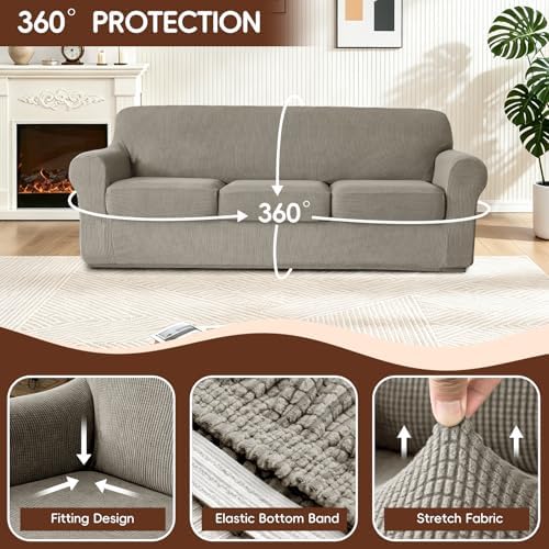 4 Pieces Stretch Couch Covers for 3 Cushion Sofa Cover Decorative Sofa Slipcover Non Slip Washable Thick Soft Elastic Furniture Protector for Pets,(Large, Taupe)