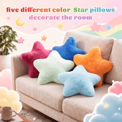 Soaoo 5 Pcs Star Fluffy Pillow Star Shape Pillow, Bright Rainbow Collection