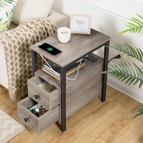 HOOBRO Set of 2 End Tables with Charging Station, Narrow Side Table with Drawers & USB Port & Power Outlets, Nightstand for Small Spaces, Living Room, Stable, Greige and Black BG541BZP201