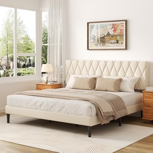 CXVX King Size Bed Frame with Diamond Tufted Headboard, Velvet Upholstered Platform Bed and Wooden Slat Support, Noise-Free, No Box Spring Needed, Easy Assembly, Beige