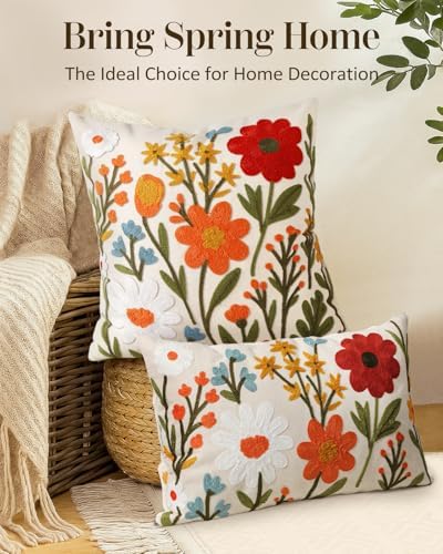 Embroidered Lumbar Pillow Cover 20x12 Inch, Flower Cluster