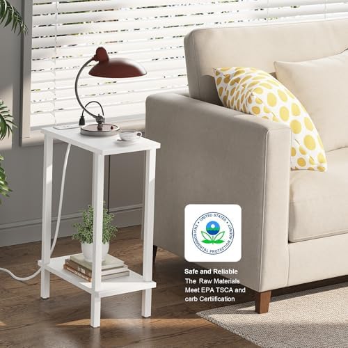 TUTOTAK Narrow Side Table, 2-Tier Small End Table with Charging Station