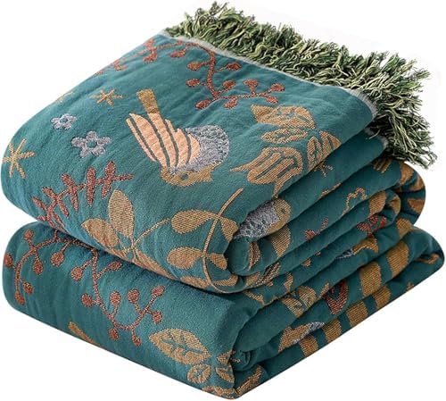 Bird Pattern Boho Throw Blanket for Bed Decor 90"×108" Teal/Cream