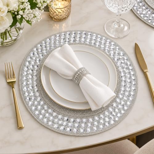 Beaded Round Placemats 13 Inch, Handmade Silver Stone Border Round placemat