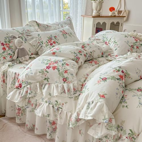 Cotton Duvet Cover Twin 3 Pcs, Cute Floral Ruffled Bedding 68"×86"