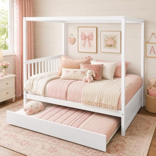 Full Size Canopy Bed with Trundle, Solid Wood Daybed Frame for Kids and Teens, Heavy-Duty 600 lbs Support, Space-Saving Guest Bed for Bedroom or Apartment
