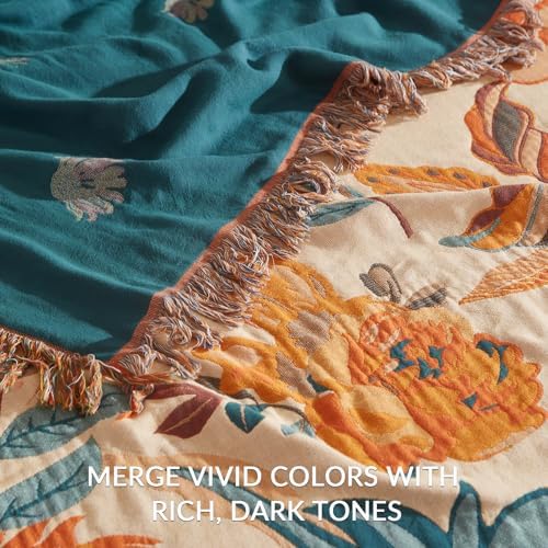 Bailix Boho Throw Blanket, 100% Cotton, Woven Floral Pattern, 60"x80"
