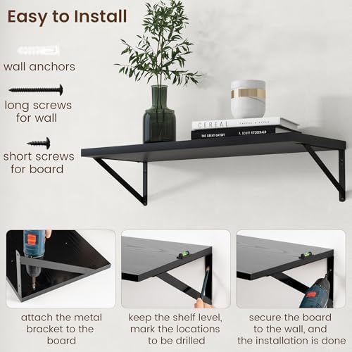 Axeman Deep Floating Shelves - 30 Inch Black Floating Shelves Set of 2-12 Inch Deep Wood Wall Shelves for Living Room Bathroom Kitchen