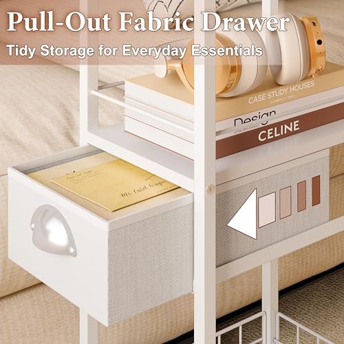 Rolling Side Table with Storage Drawer, White Bedside Table with Wheels, TV Tray for Sofa, Portable Desk on Wheels, Modern Night Stand, Overbed Table for Bedroom, C Shaped End Tables Living Room