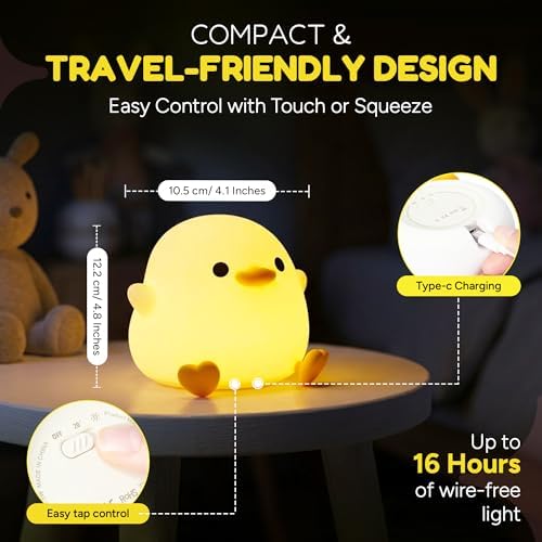 DODO Duck Night Light for Kids, Soft Squishy Silicone Duck Lamp with 20-Minute Timer, 2 Brightness Levels, Rechargeable Touch Nightlight, Ages 3+