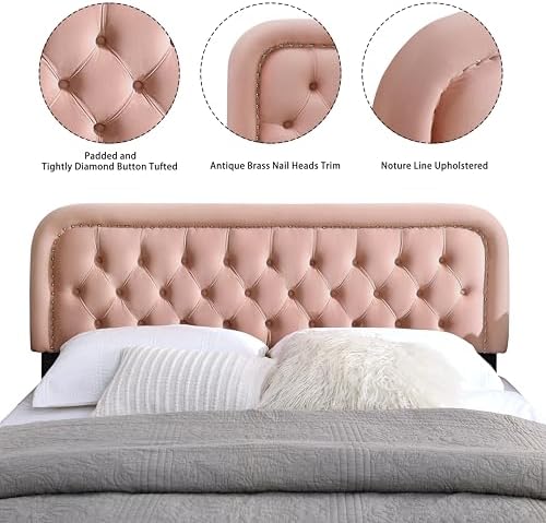 Tufted Upholstered King Size Headboard only - Button Solid Wood HeadBoards with Adjustable Height - Modern Velvet Padded Bed Headboard - Easy Assembly - Nailhead, Pink