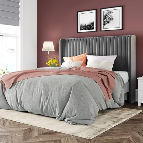 Allewie Queen Size Velvet Bed Frame/Vertical Channel Tufted Wingback Headboard/Upholstered Platform Bed/Strong Wooden Slats/No Box Spring Needed/Easy Assembly/Grey