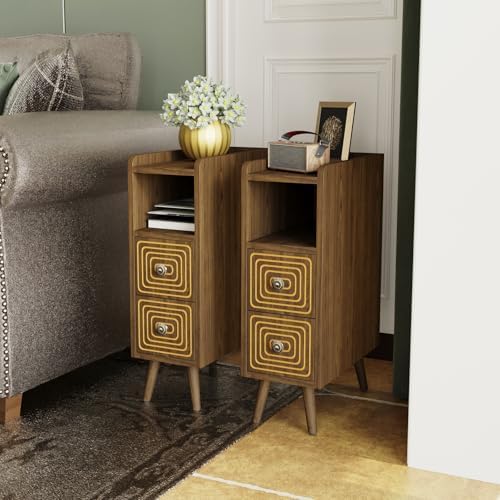 7.8" Narrow Nightstand Set of 2 with 2 Drawers & Open Storage,Walnut