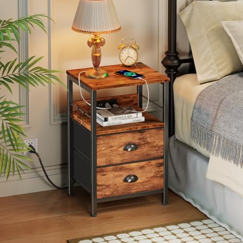 Furologee Nightstand with Charging Station for Dorm, 2 Fabric Drawers