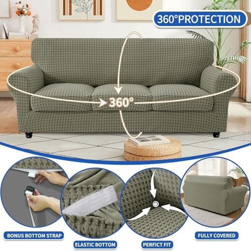 MAXIJIN 3 Pieces Stretch Couch Covers for 2 Cushion Couch Washable Sofa Cover with 2 Extra Large Seat Soft Loveseat Sofa Slipcovers with Non Slip Strap (Army Green), 71"-91"(2 XL Cushions)
