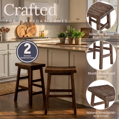 Alaterre Furniture Pomona Solid Wood Bar Stool Set of 2, Rustic Brown, 26”