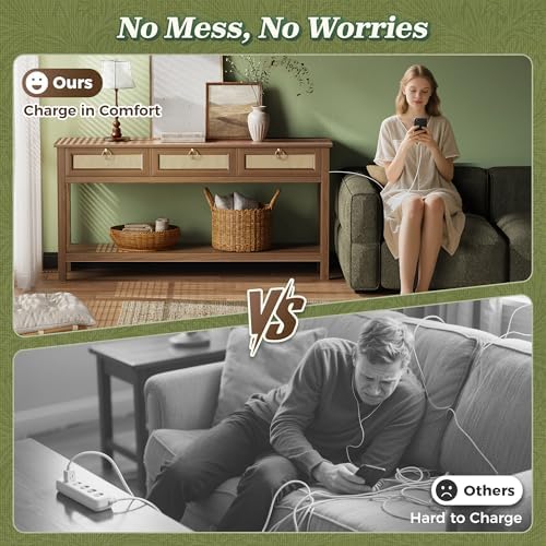 SUPERJARE Rattan Console Sofa Table with Outlets, USB-C Port and 3 Drawers