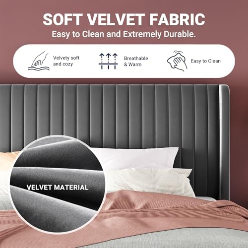Allewie Queen Size Velvet Bed Frame/Vertical Channel Tufted Wingback Headboard/Upholstered Platform Bed/Strong Wooden Slats/No Box Spring Needed/Easy Assembly/Grey