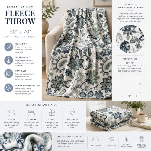 Soft Fleece Throw Blanket, Bohemian Boho White Navy Floral Paisley, 50x70