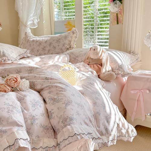 HighBuy Farmhouse Floral Duvet Cover Set Twin Pink Ruffle,100% Cotton Bedding with Zipper Closure,Shabby Vintage Princess Flowers Bedding Set for Hot Sleepers - 1 Duvet Cover and 2 Pillowcases