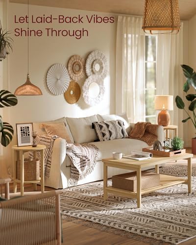 VASAGLE Round Side End Table, 2-Tier Boho Bedside Table with Rattan-Look