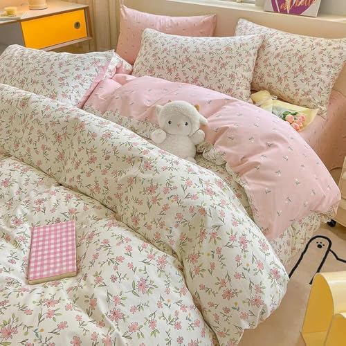 Girl's Pink Flower Duvet Cover Set 100% Cotton Twin(68"x86"),Pink White