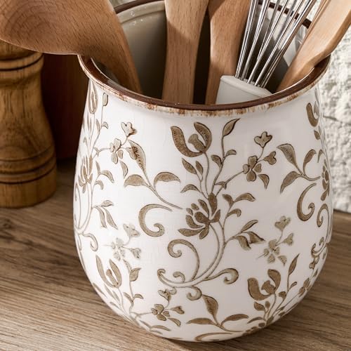 Utensil Holder for Kitchen Counter, Modern Farmhouse Cooking Utensil Holder and Crock Home Kitchen Decor, Ceramic Utensil Organizer for Spatula, Ladle, Eggbeater, Rolling Pin- Brown Flower Patterns