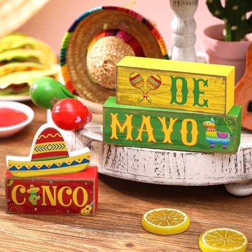 Yuntau 4 Pcs Cinco De Mayo Wood Blocks Tiered Tray Tabletop Centerpiece