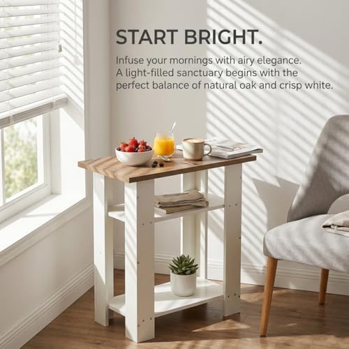 White Side Table with Oak Top, 3 Tier Farmhouse End Table, 22.8" H