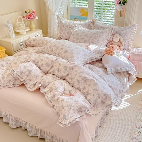HighBuy Farmhouse Floral Duvet Cover Set Twin Pink Ruffle,100% Cotton Bedding with Zipper Closure,Shabby Vintage Princess Flowers Bedding Set for Hot Sleepers - 1 Duvet Cover and 2 Pillowcases