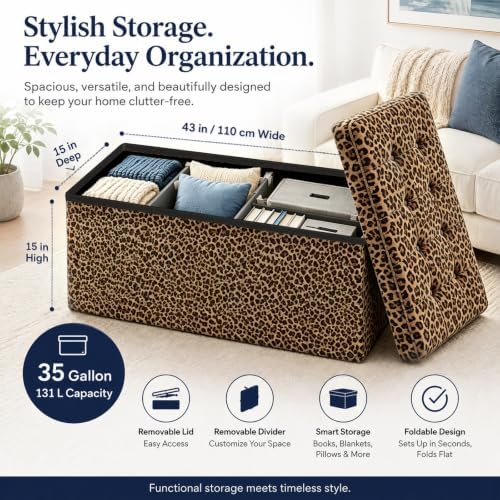 ALASDO 43 Inch Folding Storage Ottoman Bench with Hidden Storage, PU Leather Ottoman Foot Rest Stool, End of Bed Bench for Bedroom, Living Room, Entryway and Closet, Leopard Print